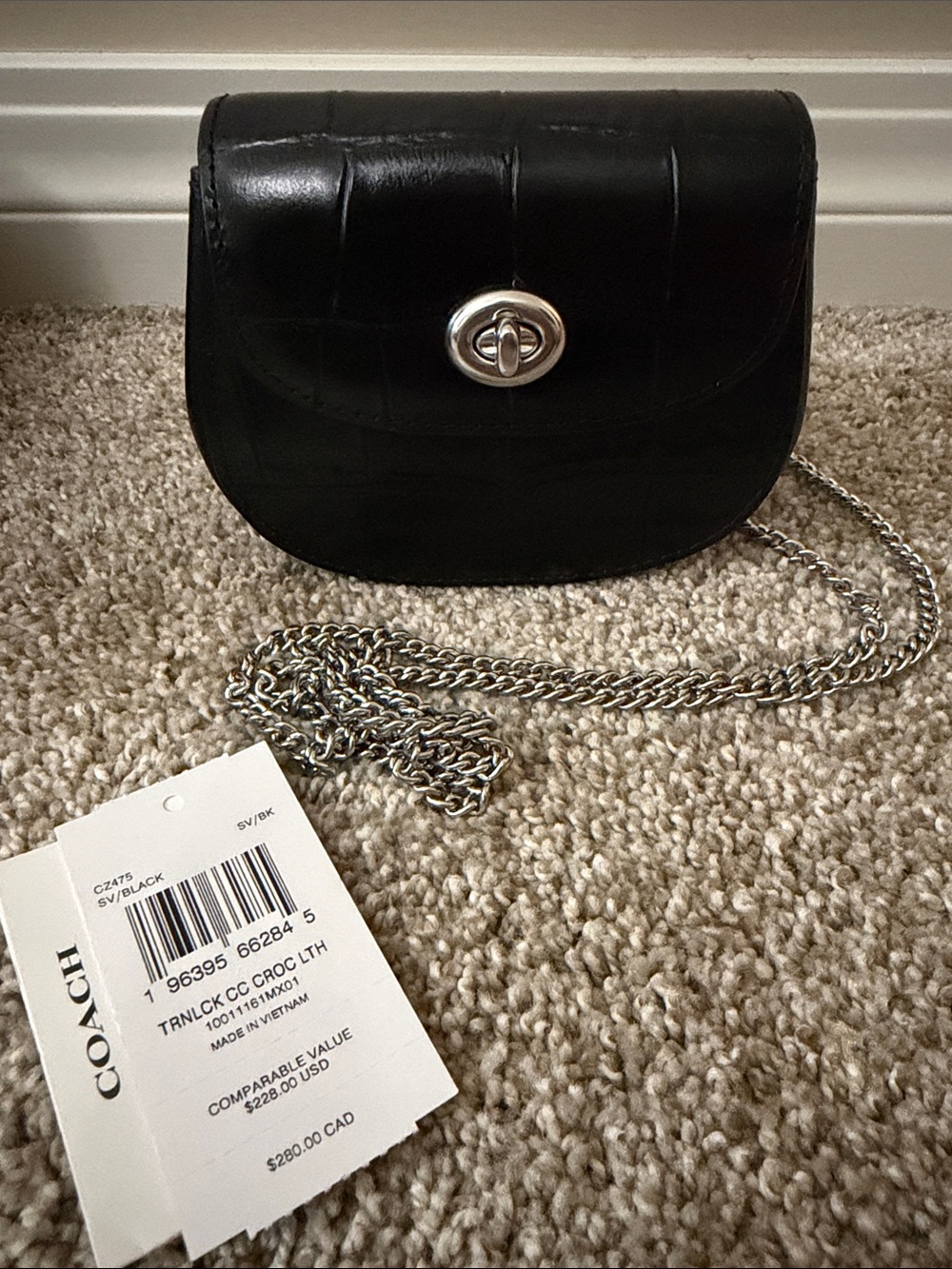Coach Black Croc-Embossed Leather Turnlock Chain Crossbody